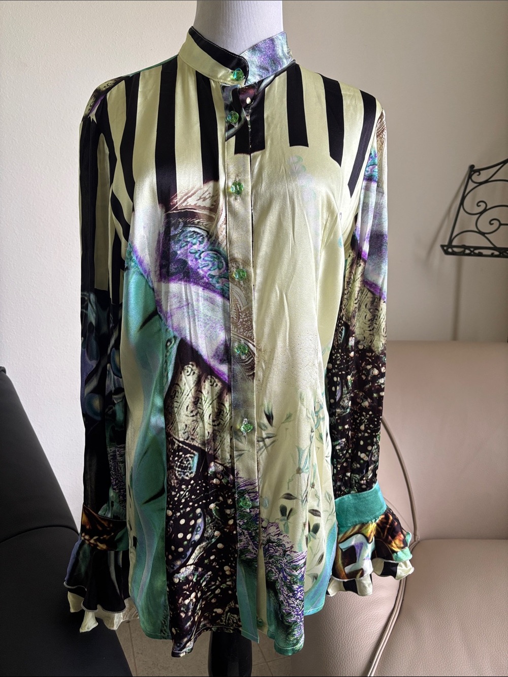Button-Down Floral & Stripe Satin Blouse in Mint and Black
